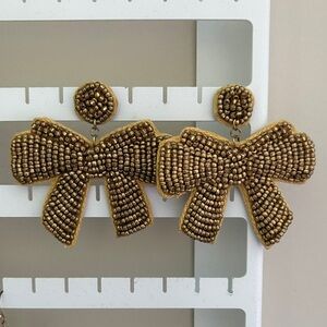 Elegant Gold Beaded Bow Earrings